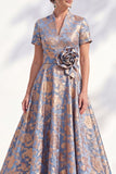 A-lijn blauwe gouden bloem V-hals midi Mother Of the Bride jurk met riem