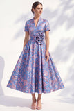 A-lijn blauwe gouden bloem V-hals midi Mother Of the Bride jurk met riem