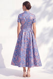 A-lijn blauwe gouden bloem V-hals midi Mother Of the Bride jurk met riem
