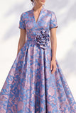 A-lijn blauwe gouden bloem V-hals midi Mother Of the Bride jurk met riem