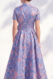 A-lijn blauwe gouden bloem V-hals midi Mother Of the Bride jurk met riem