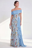 Off-the-shoulder groene schede bloemenjurk van de moeder van de bruid met sjerp