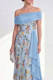 Off-the-shoulder groene schede bloemenjurk van de moeder van de bruid met sjerp