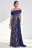 Off-the-shoulder groene schede bloemenjurk van de moeder van de bruid met sjerp