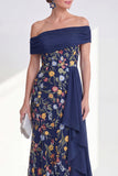 Off-the-shoulder groene schede bloemenjurk van de moeder van de bruid met sjerp