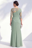 Groene zeemeermin Bateau hals Chiffon bloemen lange moeder van de bruid jurk