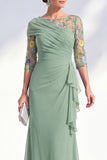 Groene zeemeermin Bateau hals Chiffon bloemen lange moeder van de bruid jurk