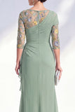Groene zeemeermin Bateau hals Chiffon bloemen lange moeder van de bruid jurk