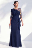 Groene zeemeermin Bateau hals Chiffon bloemen lange moeder van de bruid jurk