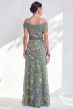 Groene A-lijn off-the-shoulder bloemenjurk in de Mother of the Bride jurk