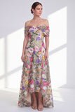 A-lijn lichte kakaki off the shoulder bloemen hoog lage moeder van de bruid jurk