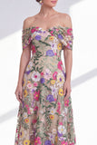 A-lijn lichte kakaki off the shoulder bloemen hoog lage moeder van de bruid jurk