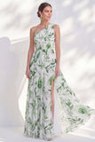 Groene A-lijn bloemenjurk met één schouder Mother of the Bride Mother of the Bride met split