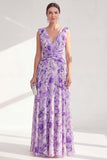 A-lijn paarse V-hals bloemen chiffon gerimpelde lange moeder van de bruid jurk