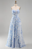 A-lijn blauwe chiffon bloemen spaghettibandjes gerimpeld lange moeder van de bruid jurk