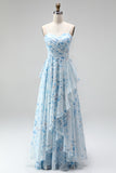 A-lijn blauwe chiffon bloemen spaghettibandjes gerimpeld lange moeder van de bruid jurk