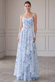 A-lijn blauwe chiffon bloemen spaghettibandjes gerimpeld lange moeder van de bruid jurk