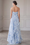 A-lijn blauwe chiffon bloemen spaghettibandjes gerimpeld lange moeder van de bruid jurk