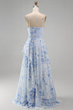 A-lijn blauwe chiffon bloemen spaghettibandjes gerimpeld lange moeder van de bruid jurk