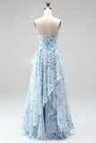 A-lijn blauwe chiffon bloemen spaghettibandjes gerimpeld lange moeder van de bruid jurk
