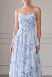 A-lijn blauwe chiffon bloemen spaghettibandjes gerimpeld lange moeder van de bruid jurk