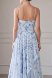 A-lijn blauwe chiffon bloemen spaghettibandjes gerimpeld lange moeder van de bruid jurk