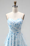 A-lijn blauwe chiffon bloemen spaghettibandjes gerimpeld lange moeder van de bruid jurk