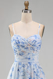 A-lijn blauwe chiffon bloemen spaghettibandjes gerimpeld lange moeder van de bruid jurk