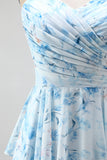 A-lijn blauwe chiffon bloemen spaghettibandjes gerimpeld lange moeder van de bruid jurk