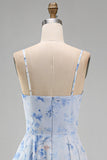A-lijn blauwe chiffon bloemen spaghettibandjes gerimpeld lange moeder van de bruid jurk