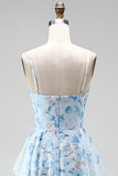 A-lijn blauwe chiffon bloemen spaghettibandjes gerimpeld lange moeder van de bruid jurk