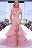 Roze Meermin Organza Bloemenstrik Lange Pageant Jurk met split