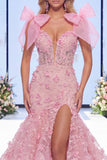 Roze Meermin Organza Bloemenstrik Lange Pageant Jurk met split