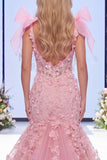 Roze Meermin Organza Bloemenstrik Lange Pageant Jurk met split