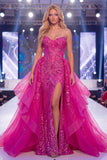 Glinsterende Fuchsia Sweetheart Doorschijnend Korset Zeemeermin Pailletten Lange Pageant Jurk met Sjerp