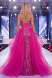 Glinsterende Fuchsia Sweetheart Doorschijnend Korset Zeemeermin Pailletten Lange Pageant Jurk met Sjerp