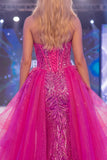 Glinsterende Fuchsia Sweetheart Doorschijnend Korset Zeemeermin Pailletten Lange Pageant Jurk met Sjerp