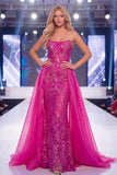 Glinsterende Fuchsia strapless zeemeermin pailletten lange verkiezingsjurk met sjerp