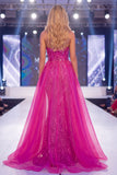 Glinsterende Fuchsia strapless zeemeermin pailletten lange verkiezingsjurk met sjerp