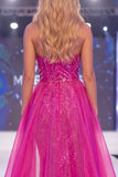 Glinsterende Fuchsia strapless zeemeermin pailletten lange verkiezingsjurk met sjerp