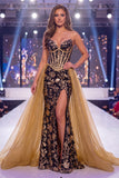 Glitterend zwart gouden zeemeermin pailletten sweetheart korset lange pageant jurk met sjerp