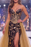 Glitterend zwart gouden zeemeermin pailletten sweetheart korset lange pageant jurk met sjerp