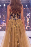 Glitterend zwart gouden zeemeermin pailletten sweetheart korset lange pageant jurk met sjerp