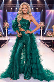 Glitterende donkergroene eenschouderpailletten pageantjurk met sjerp