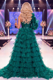 Glitterende donkergroene eenschouderpailletten pageantjurk met sjerp