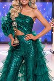 Glitterende donkergroene eenschouderpailletten pageantjurk met sjerp