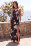 Zwarte zeemeermin chaffon halter hals Maxi bloemenjurk met split