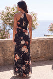 Zwarte zeemeermin chaffon halter hals Maxi bloemenjurk met split
