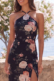 Zwarte zeemeermin chaffon halter hals Maxi bloemenjurk met split