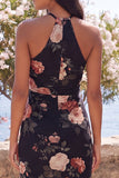 Zwarte zeemeermin chaffon halter hals Maxi bloemenjurk met split